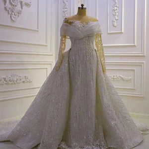 Women's V-Neck Long Sleeves Court Train Mermaid Wedding Dress