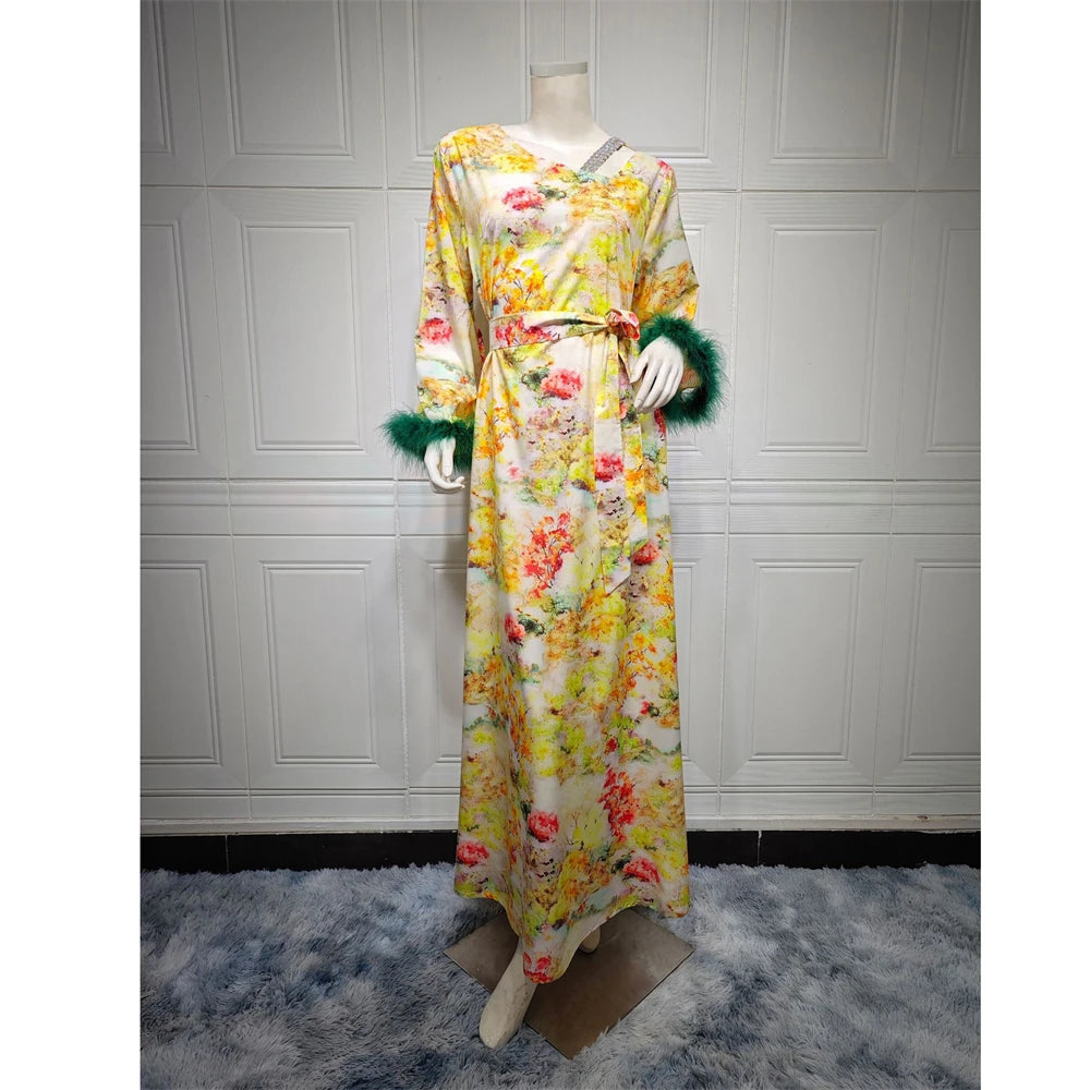 Women's Arabian V-Neck Polyester Full Sleeve Floral Pattern Dresses