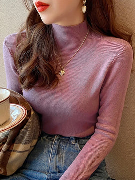 Women's Cashmere Mock-Neck Full Sleeves Solid Pattern Sweater