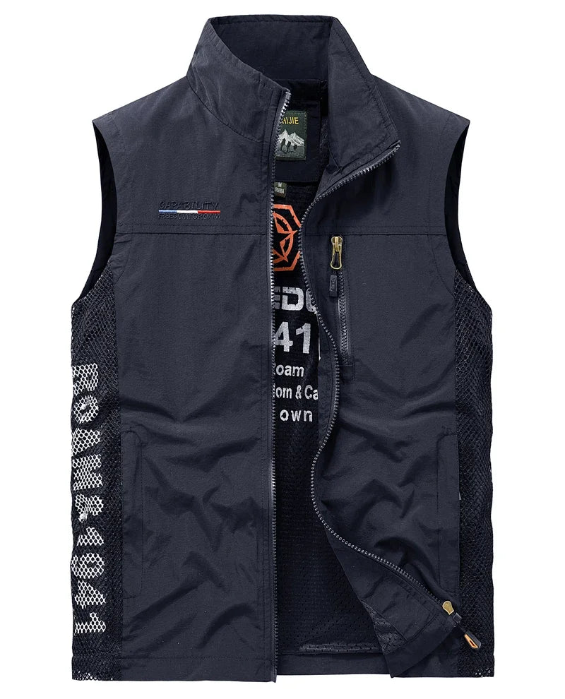 Men's Polyester Stand Collar Sleeveless Zipper Closure Solid Jacket