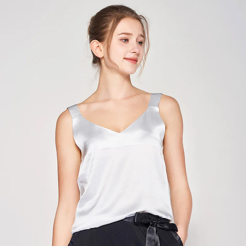 Women's Silk V-Neck Sleeveless Solid Pattern Casual Wear Tops