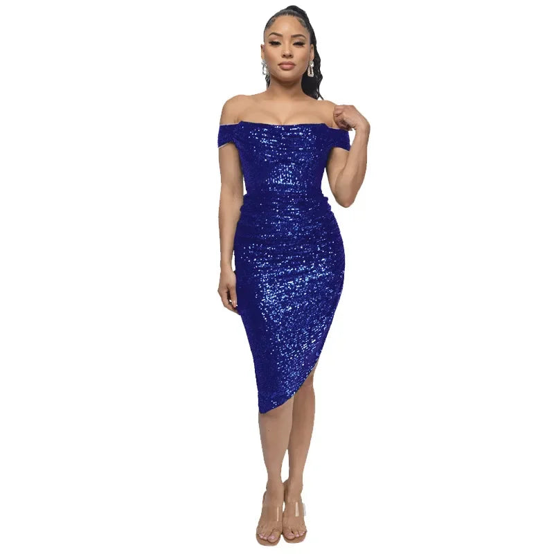 Women's Polyester Square-Neck Sequined Pattern Party Wear Dress