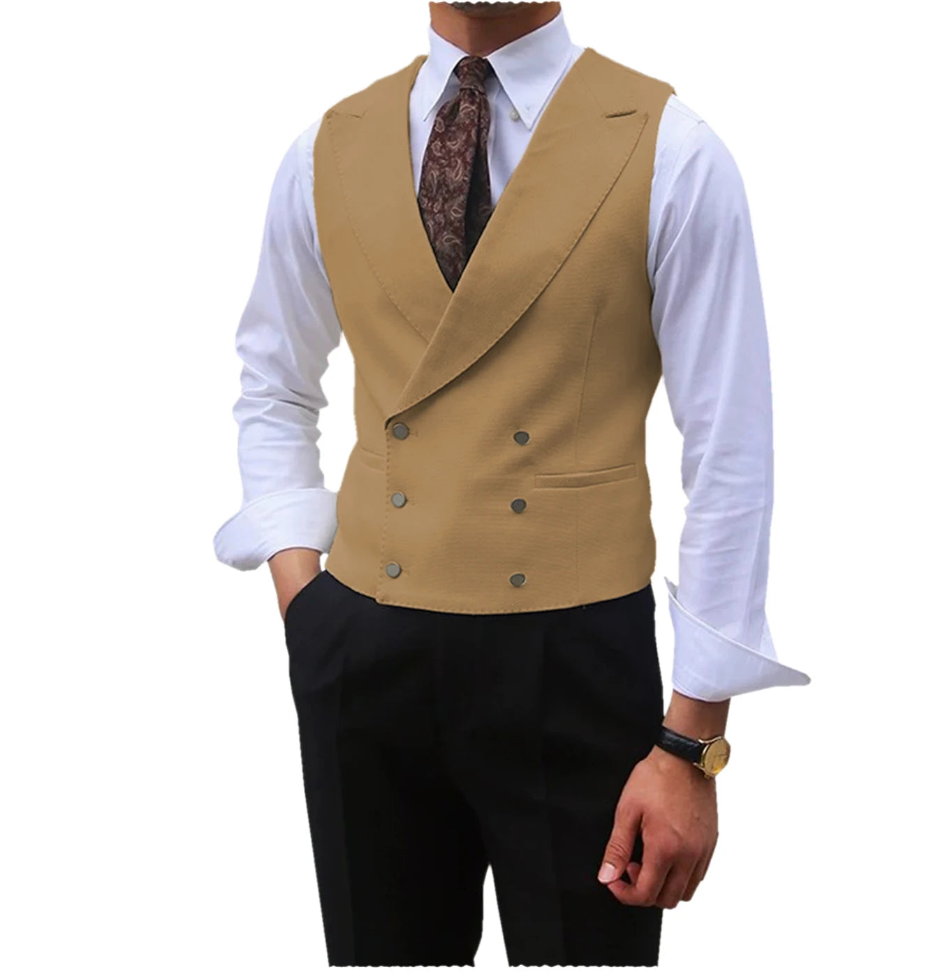 Men's Cotton V-Neck Sleeveless Double Breasted Slim Formal Vests