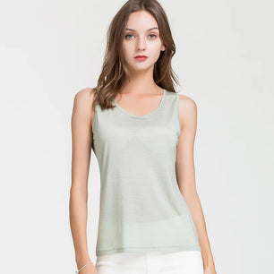 Women's Silk O-Neck Sleeveless Solid Pattern Casual Wear Tops