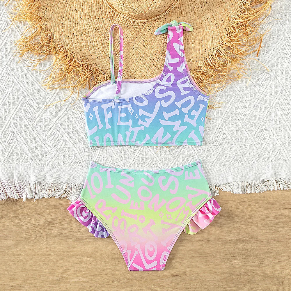 Kid's Polyester Printed Pattern Two-Piece Trendy Swimwear Suit