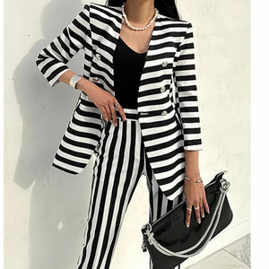 Women's Cotton Notched Long Sleeves Double Breasted Blazer Set