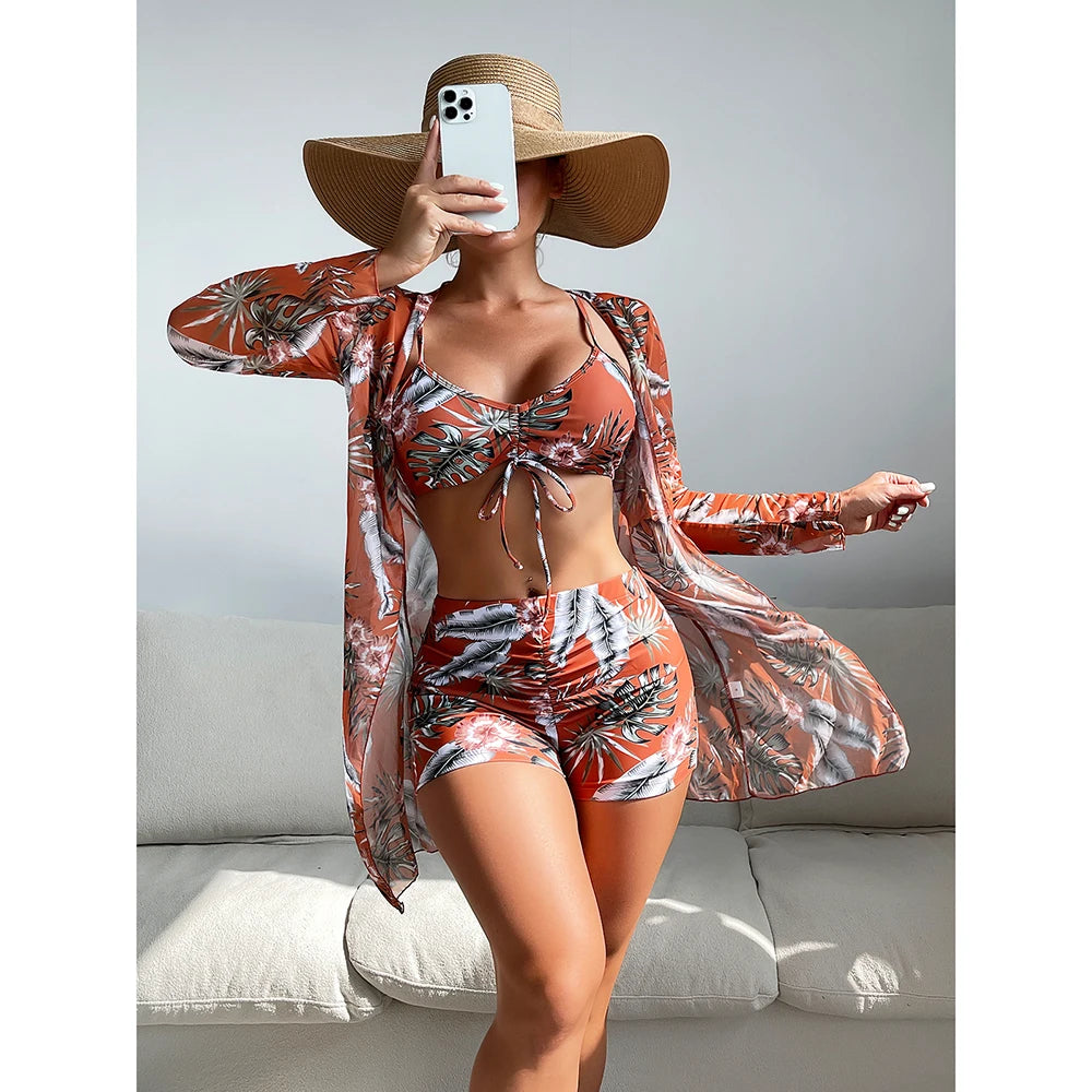 Women's Polyester High Waist Swimwear Three-Piece Bikini Set