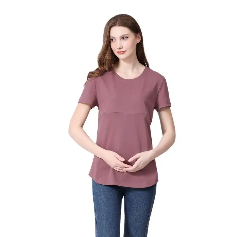 Women’s Cotton O-Neck Short Sleeves Solid Pattern Maternity Top