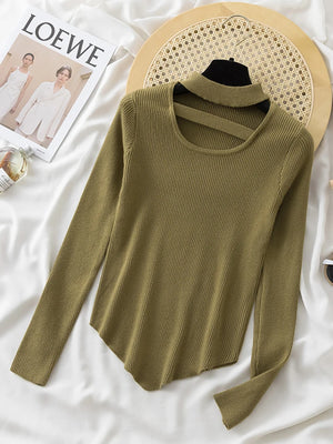 Women's Acrylic Halter Neck Full Sleeve Solid Pattern Sweater