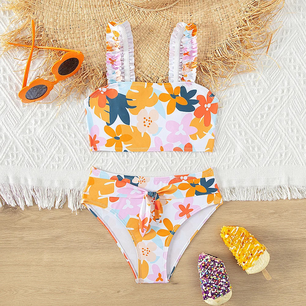 Kid's Polyester Printed Pattern Two-Piece Trendy Swimwear Suit