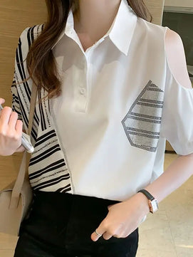 Women's Polyester Turn-Down Collar Short Sleeve Casual Wear Blouse