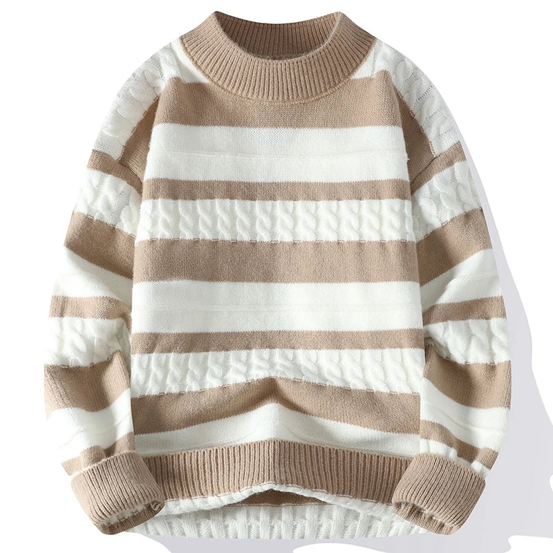 Men's Polyester Full Sleeve Striped Pattern Pullover Casual Sweater