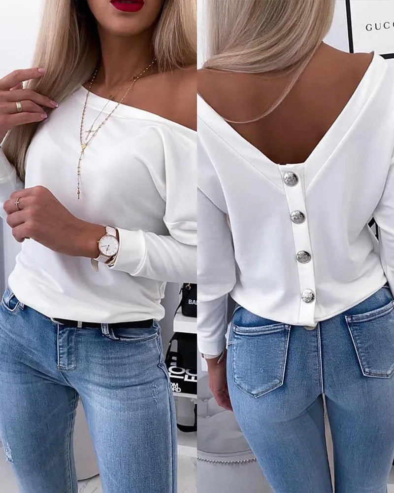 Women's Polyester Skew Neck Long Sleeves Solid Pattern Blouse