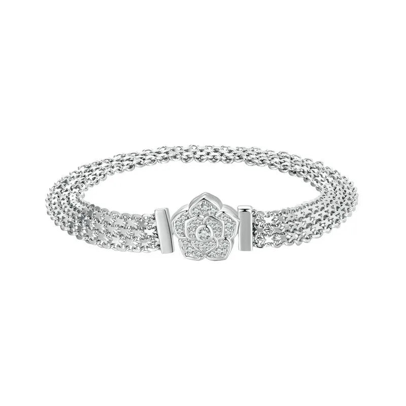 Women's 100% 925 Sterling Silver Zircon Flower Shaped Bracelet