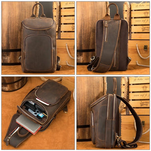 Men's Genuine Leather Zipper Closure Solid Pattern Shoulder Bag