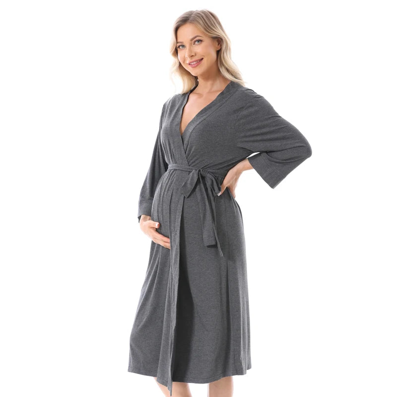 Women's Spandex V-Neck Long Sleeve Solid Pattern Maternity Dress