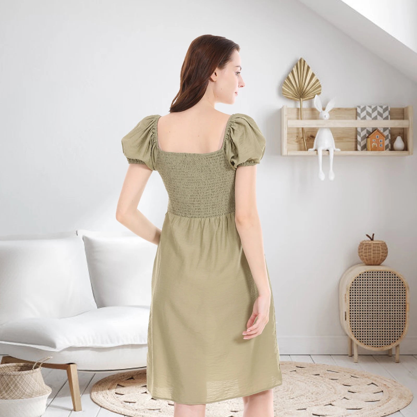 Women's Polyester Square-Neck Short Sleeve Solid Maternity Dress