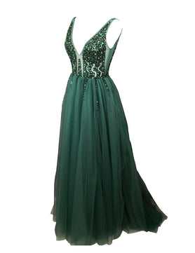 Women's V-Neck Sleeveless Crystal Beading Sequin Evening Dresses