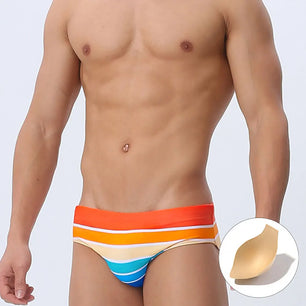 Men's Polyester Elastic Closure Striped Quick Dry Swimwear Brief