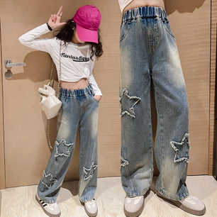 Kid's Cotton Mid Elastic Waist Closure Casual Denim Trousers