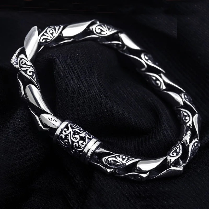 Men's 925 Sterling Silver Geometric Pattern Chain Type Bracelet