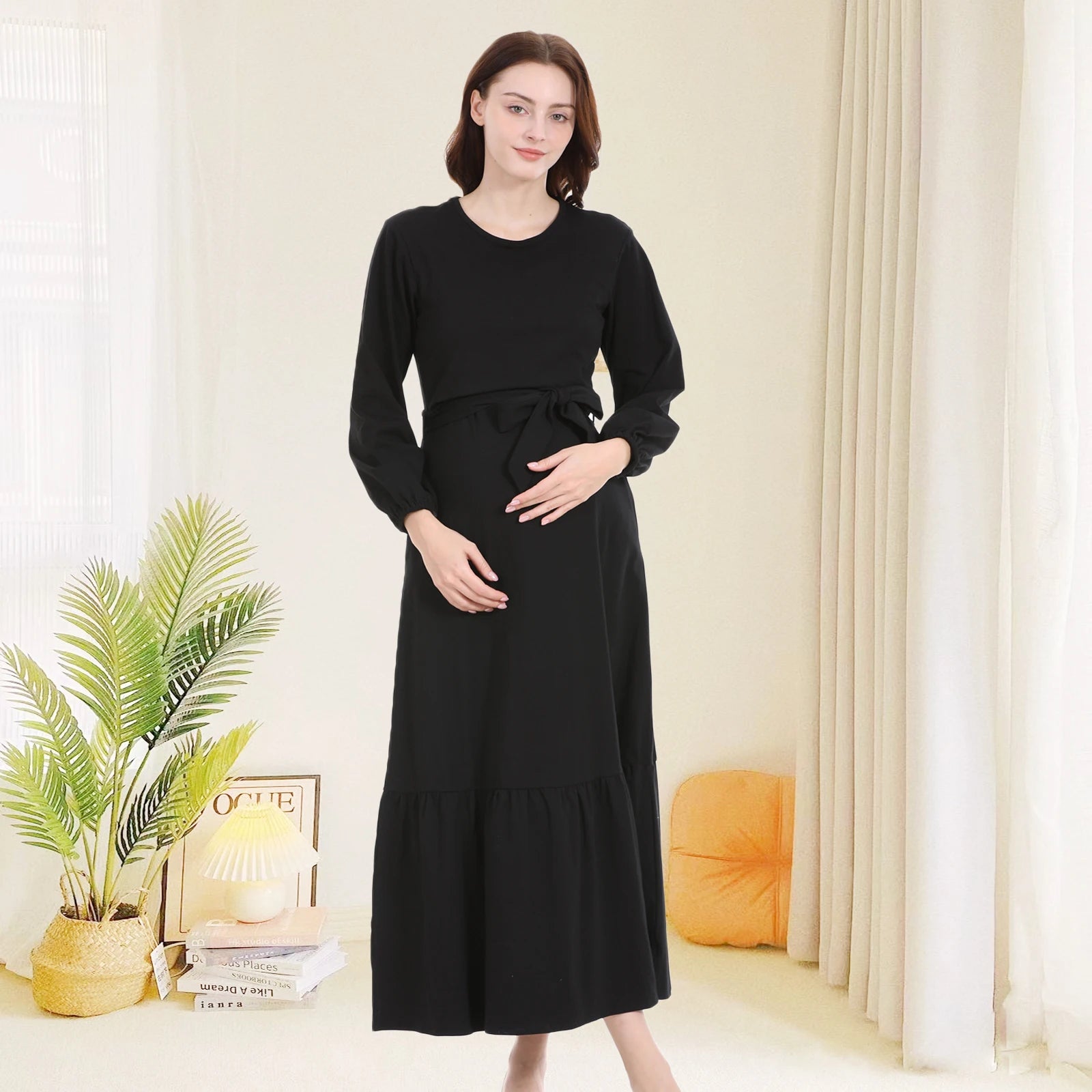 Women's Cotton O-Neck Long Sleeve Solid Pattern Maternity Dress