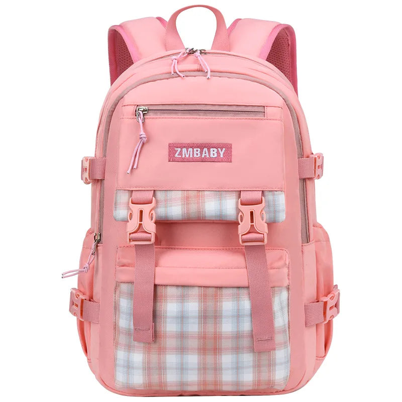 Kid's Canvas Zipper Closure Plaid Pattern Trendy School Backpack