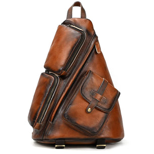 Men's Genuine Leather Solid Pattern Zipper Closure Backpack