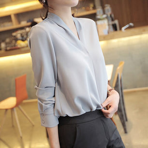 Women's V-Neck Cotton Full Sleeve Plain Pattern Pullover Blouses