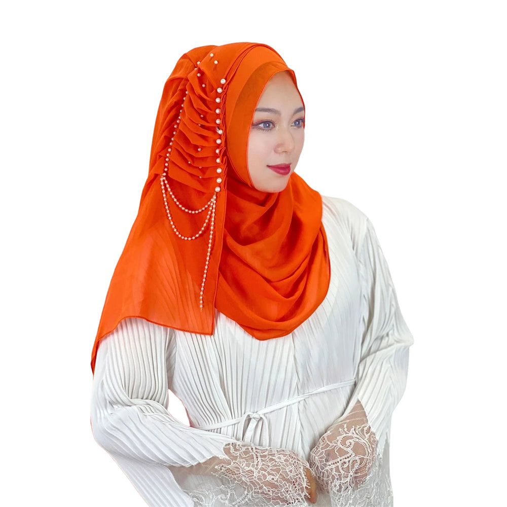 Women's Arabian Polyester Head Wrap Beaded Pattern Elegant Hijabs