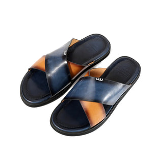 Men's Genuine Leather Round Toe Slip-On Closure Luxury Slippers