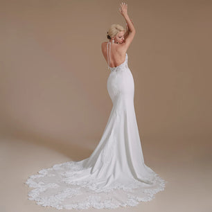 Women's V-Neck Sleeveless Chapel Train Backless Wedding Dress