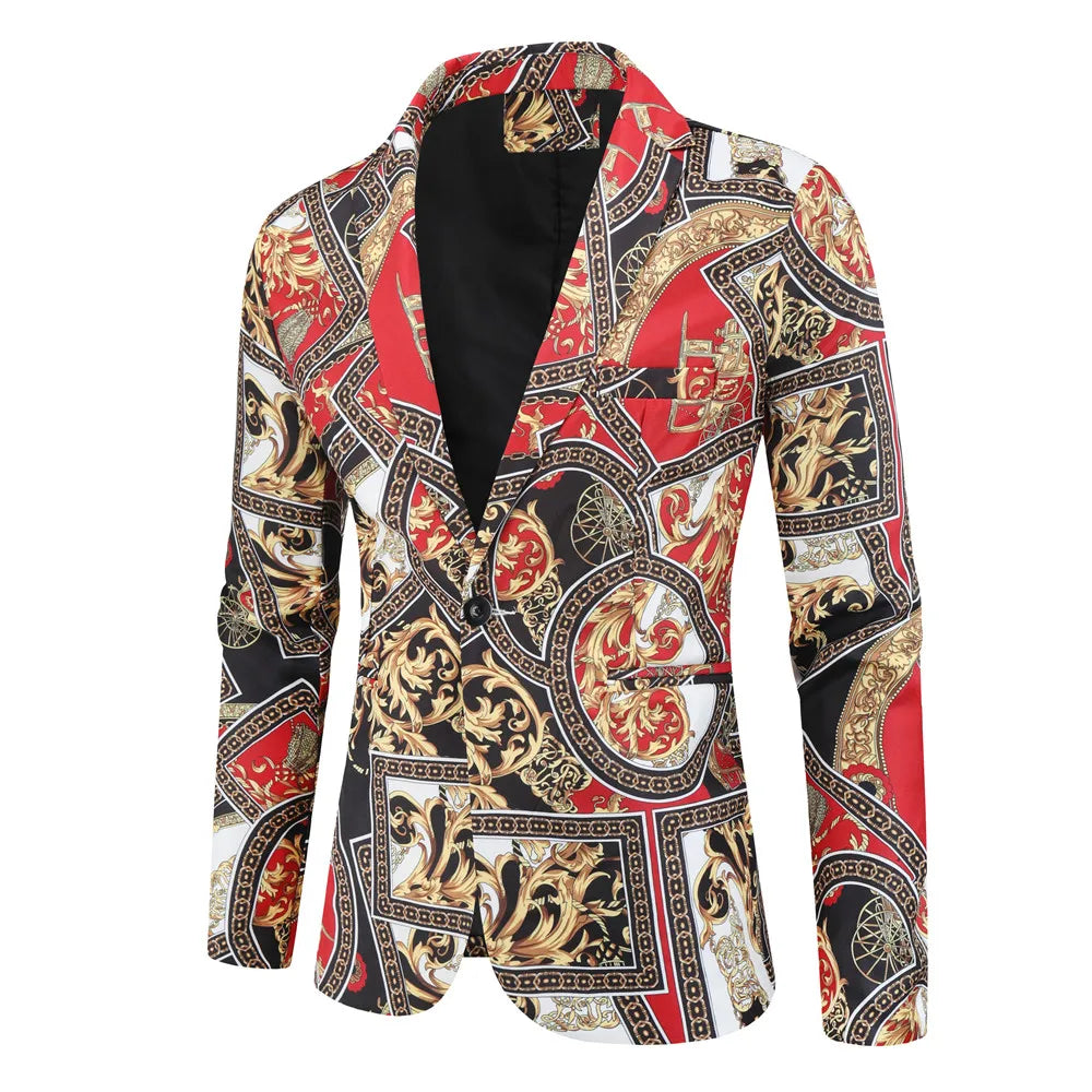 Men's Polyester Full Sleeve Single Button Closure Printed Blazer