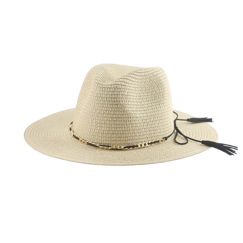 Women's Straw Solid Pattern Trendy Sun Protection Chain Brim Hat