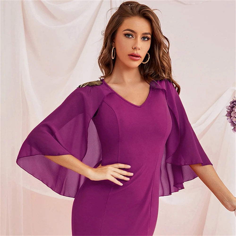 Women's V-Neck Polyester Long Sleeve Plain Pattern Party Dress