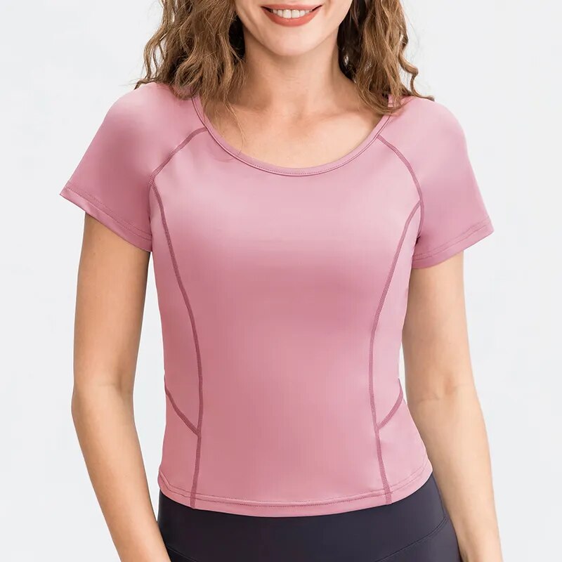 Women's O-Neck Spandex Short Sleeves Breathable Workout Top