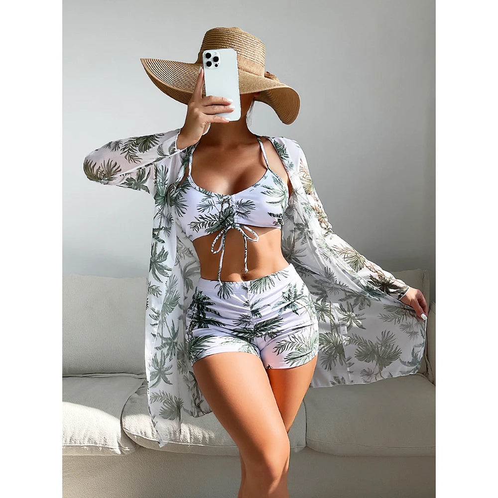 Women's Polyester High Waist Swimwear Three-Piece Bikini Set