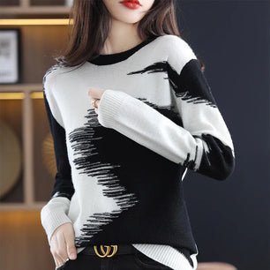 Women's Acetate O-Neck Full Sleeves Mixed Colors Pattern Sweater