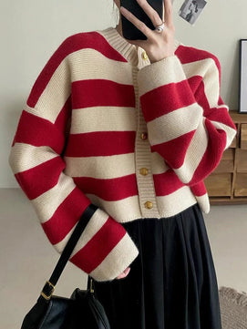 Women's Cotton Long Sleeve Single Breasted Striped Cardigan