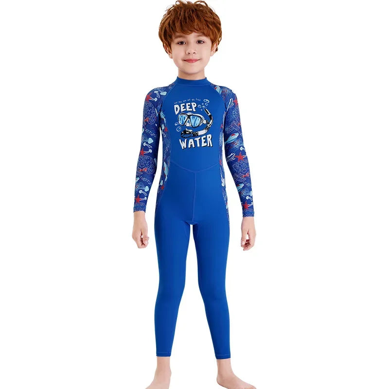 Kid's Boy O-Neck Neoprene Full Sleeve Printed Pattern Swimsuit