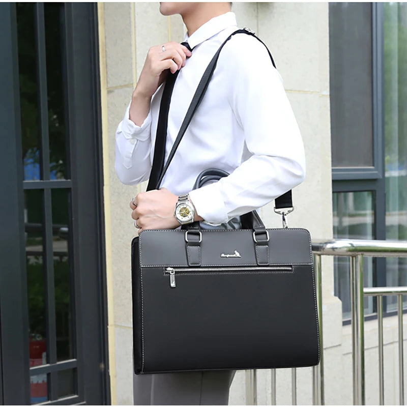 Men's PU Leather Zipper Closure Solid Pattern Elegant Shoulder Bag