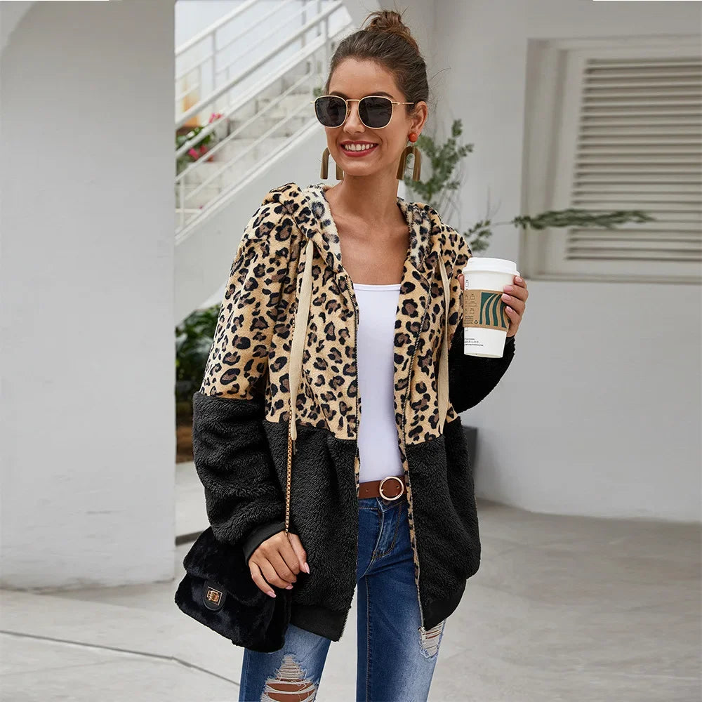 Women's Polyester Full Sleeve Leopard Pattern Zipper Hoodies