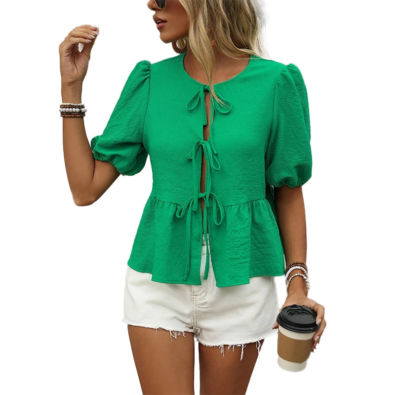 Women's Polyester O-Neck Short Sleeves Solid Pattern Mini Blouse