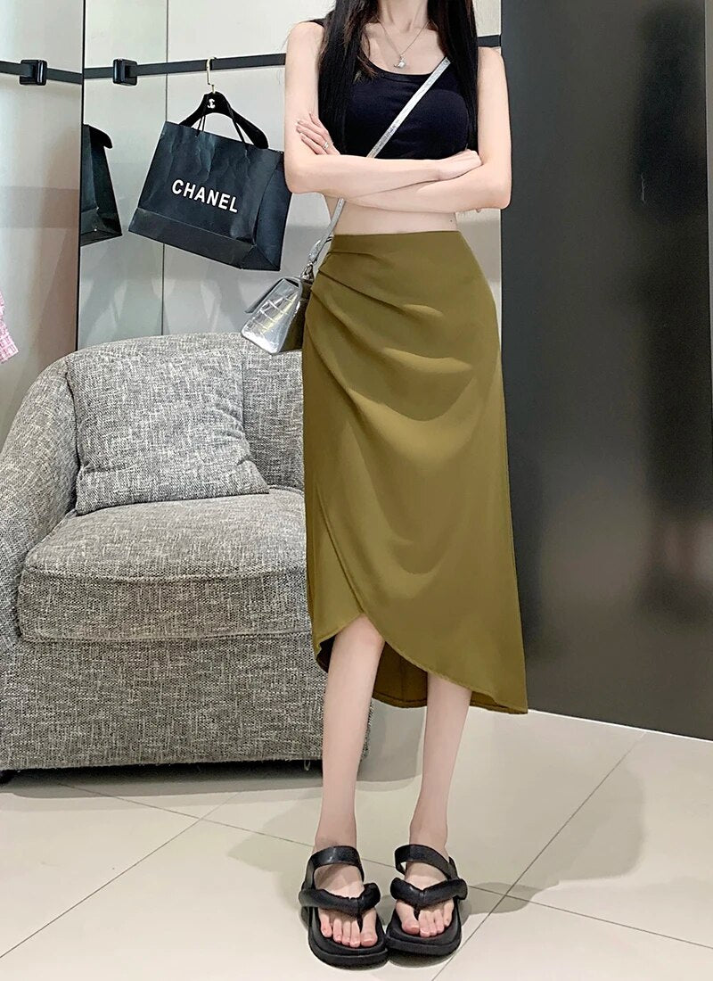 Women's Polyester High Elastic Waist Casual Plain Pattern Skirt