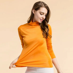 Women's Silk Turtleneck Long Sleeve Solid Pattern Casual Tops