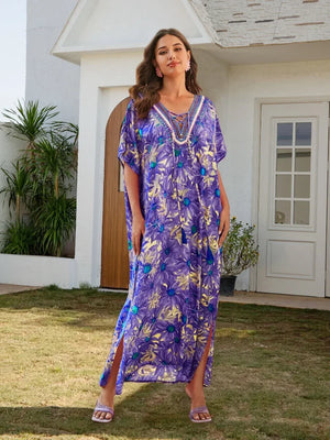 Women's Rayon V-Neck Short Sleeve Printed Pattern Maxi Dress