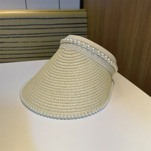 Women's Straw Adjustable Beaded Pattern Sun Protection Brim Hat