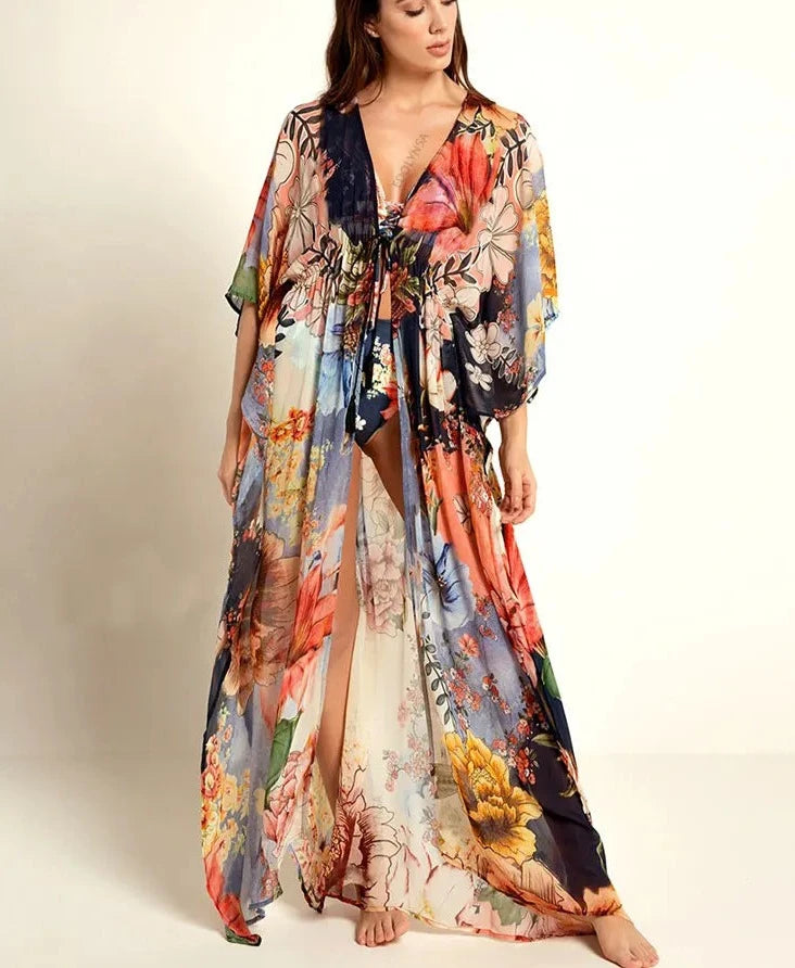 Women's Polyester Long Sleeves Floral Kaftan Beach Cover Up