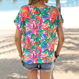 Women's Polyester O-Neck Short Sleeves Printed Pattern Mini Blouse