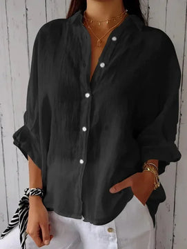 Women's Polyester Turn-Down Collar Long Sleeves Solid Blouse